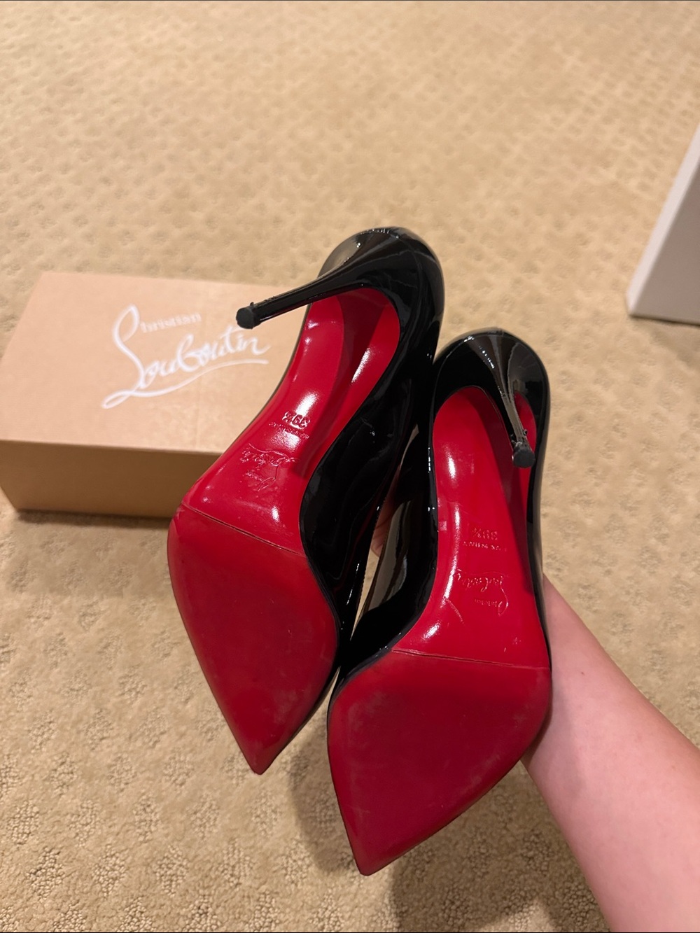 Christian Louboutin Black Patent Pointed Stiletto Heels with Red Soles - Picture 2 of 4